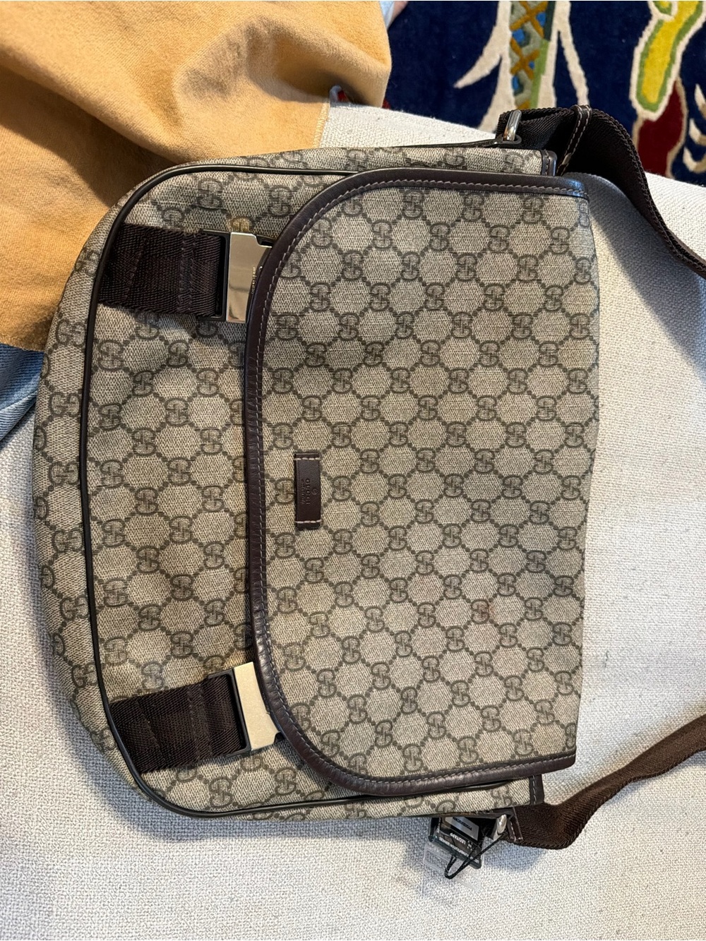 Gucci Beige GG Supreme Messenger Bag with Brown Trim